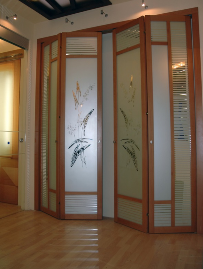 Широкие двери гармошка с матовым стеклом и рисунком Энгельс